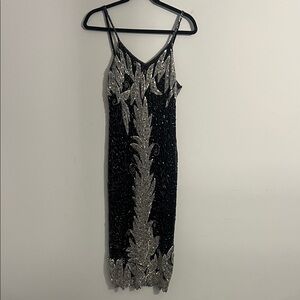 Vtg Beaded Sequin Slip Dress • Art Deco Flapper Glam • Black & Silver Prom 🗝️